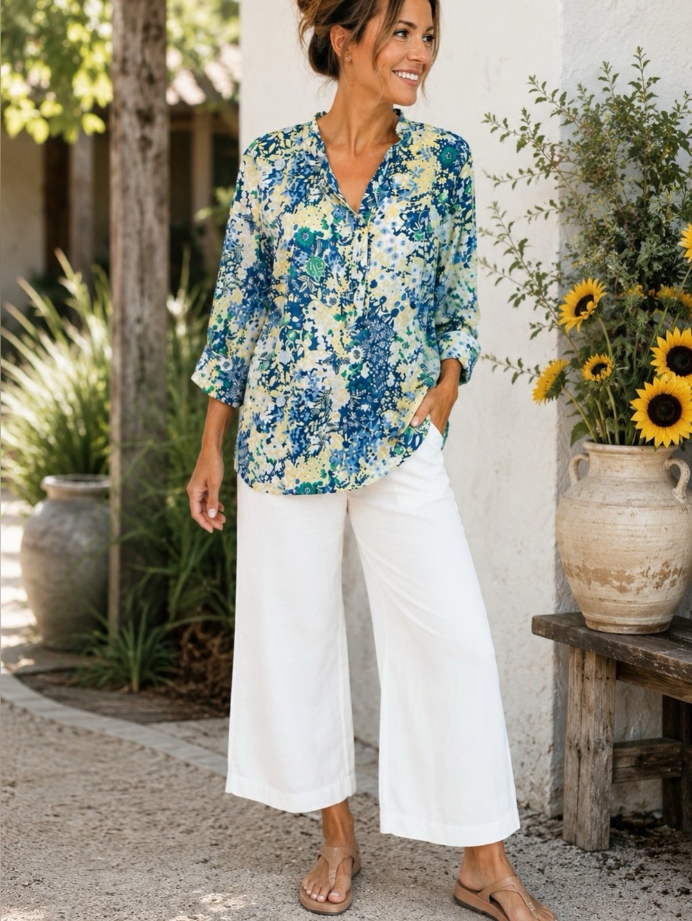 Talbots Floral Cotton Popover Blouse XL Blue Green Yellow 3 Quarter Sleeve